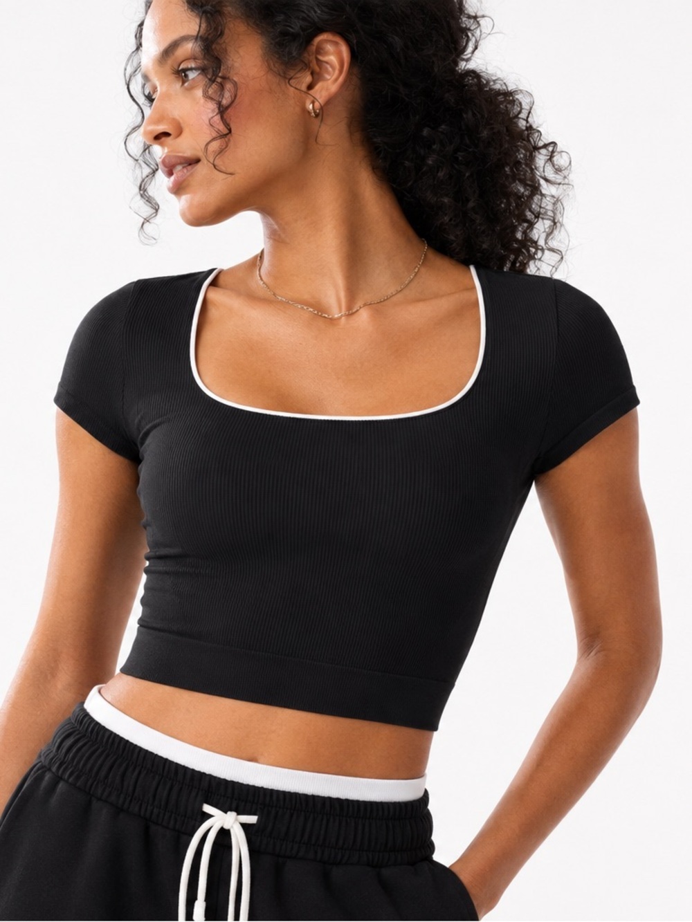 Athleta Aurora Ribbed Seamless Compression Crop Top Black White Trim XL